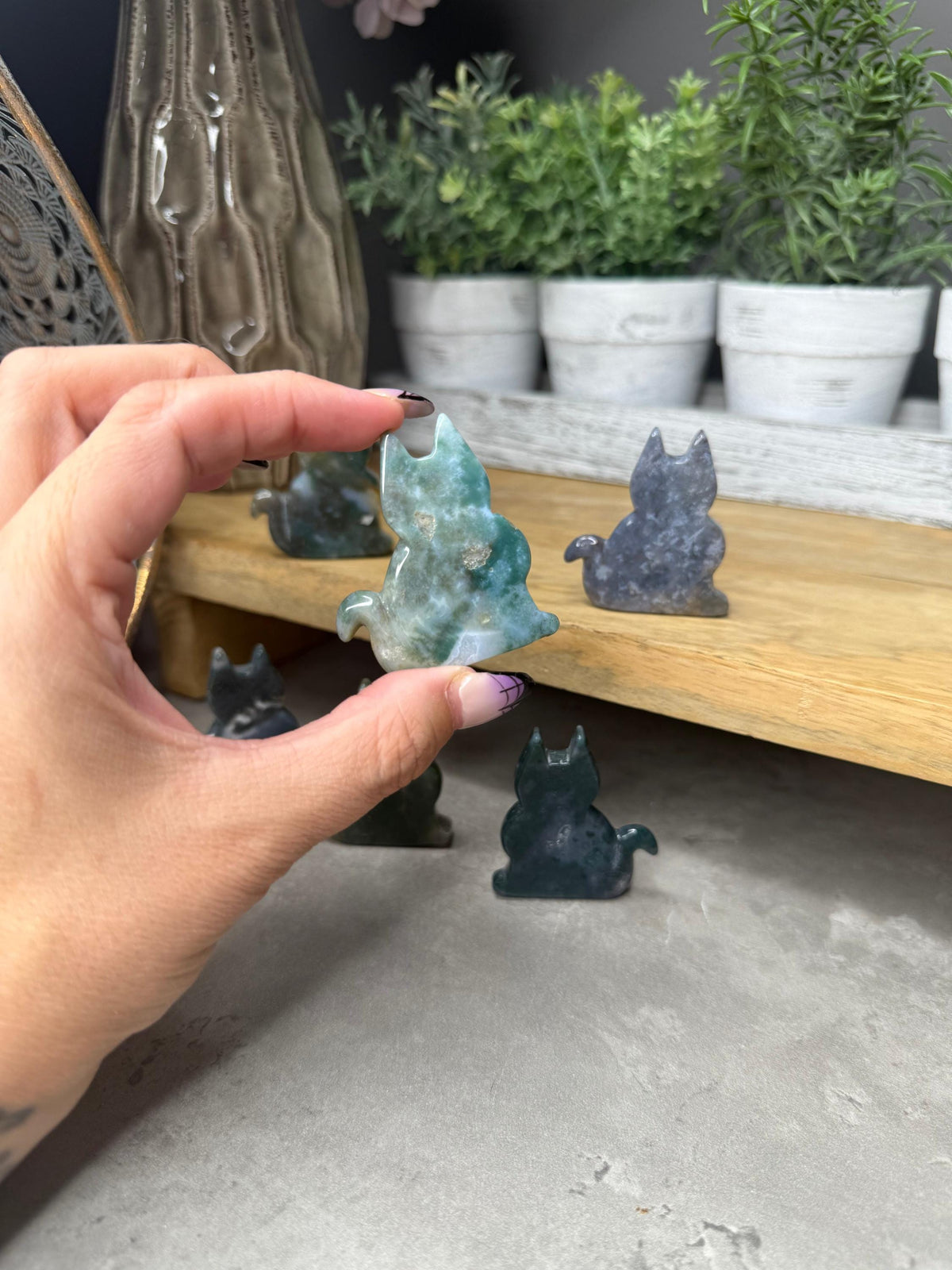 Moss Agate Crystal Cat Carvings