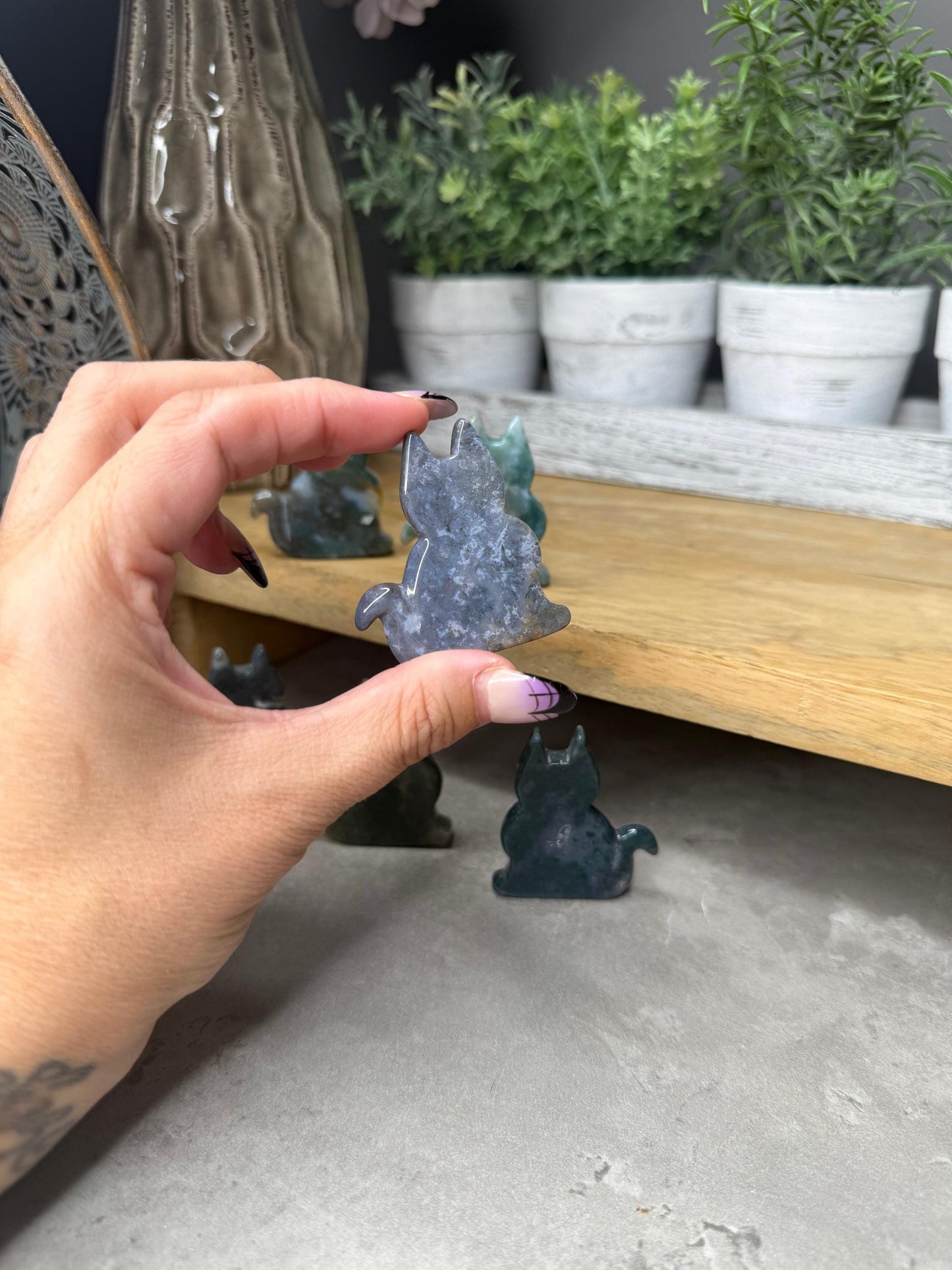 Moss Agate Crystal Cat Carvings