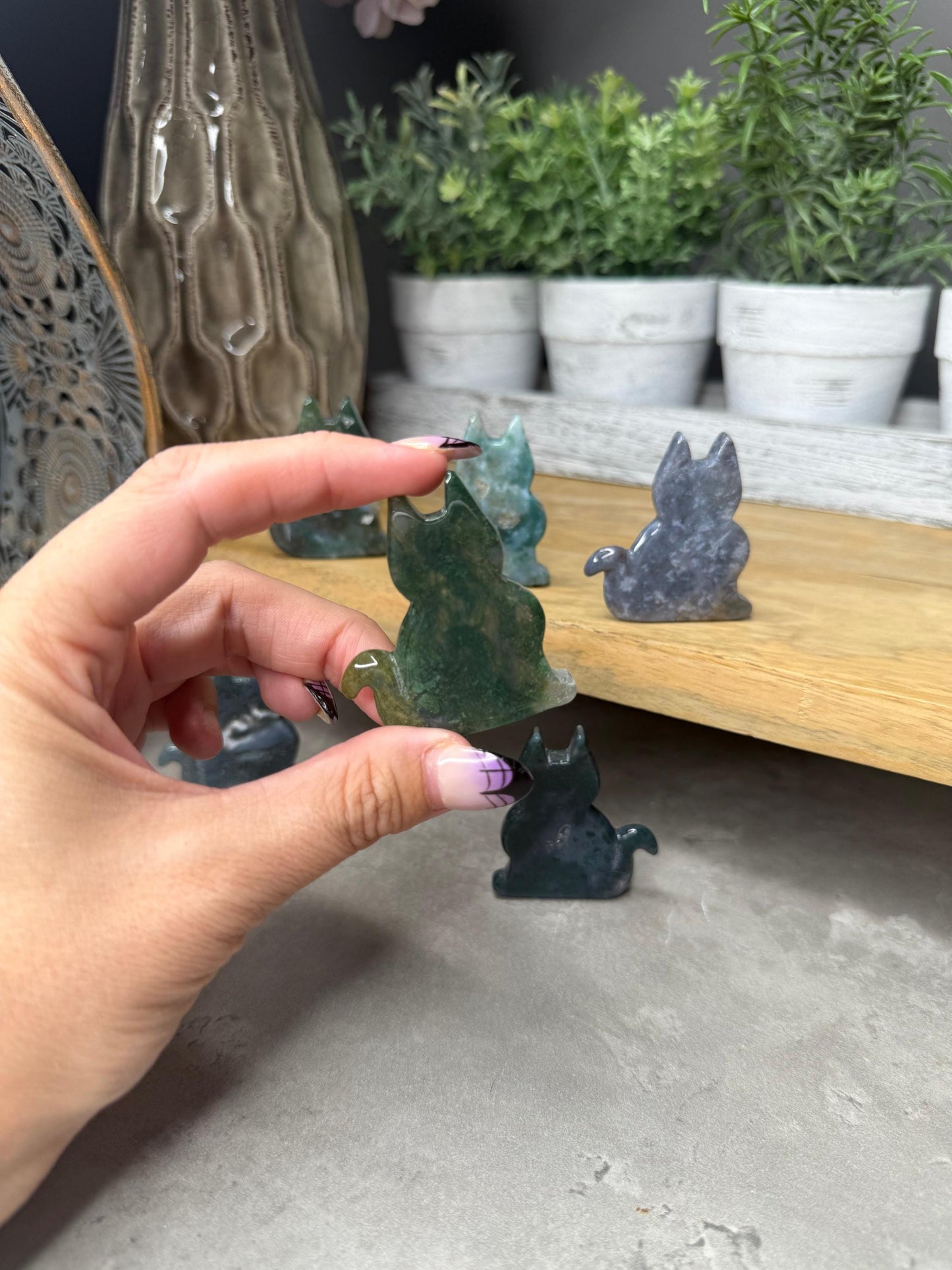 Moss Agate Crystal Cat Carvings