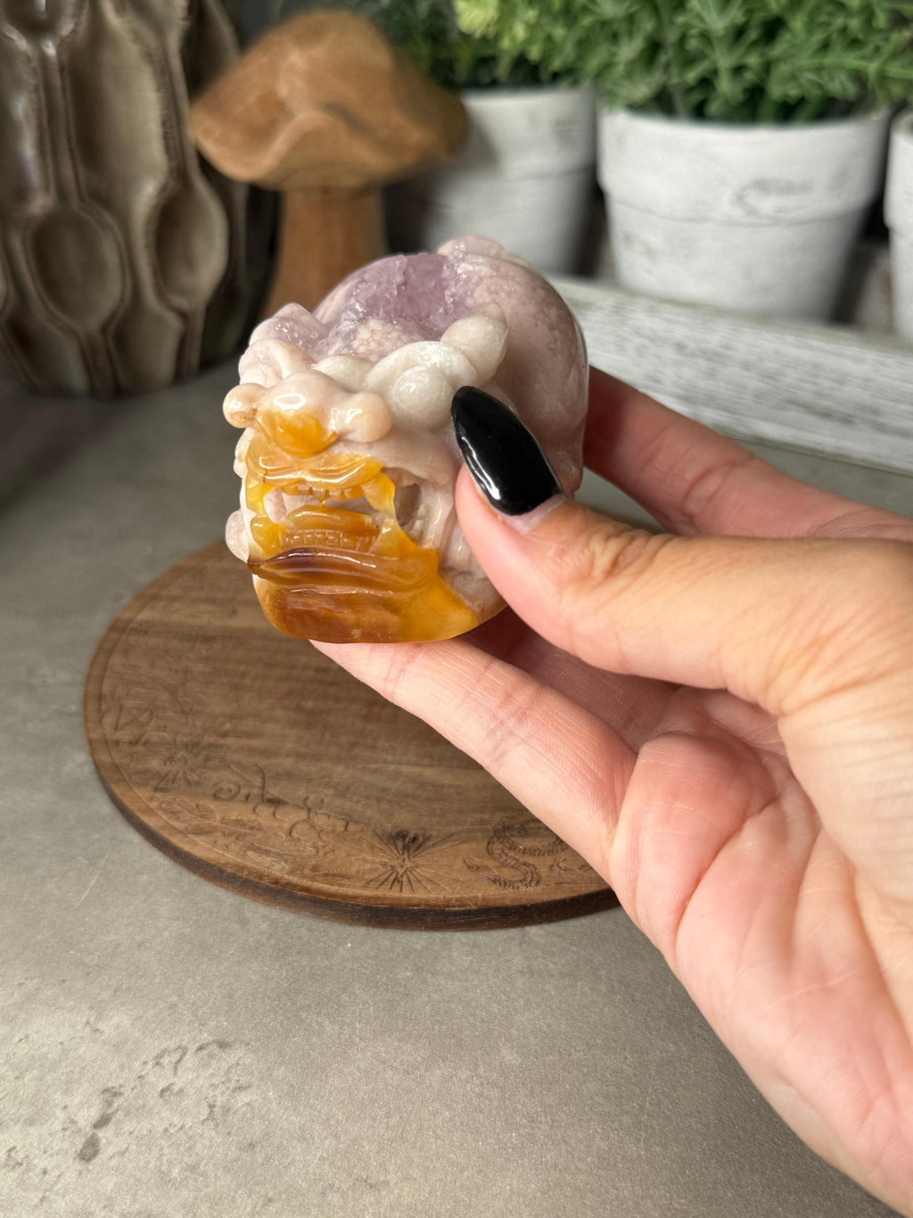 Pink Amethyst Druzy Handcarved Pixiu Crystal Carving Extremely Detailed