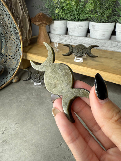 Gold Sheen Obsidian Triple Moon Crystal Carving Hecate