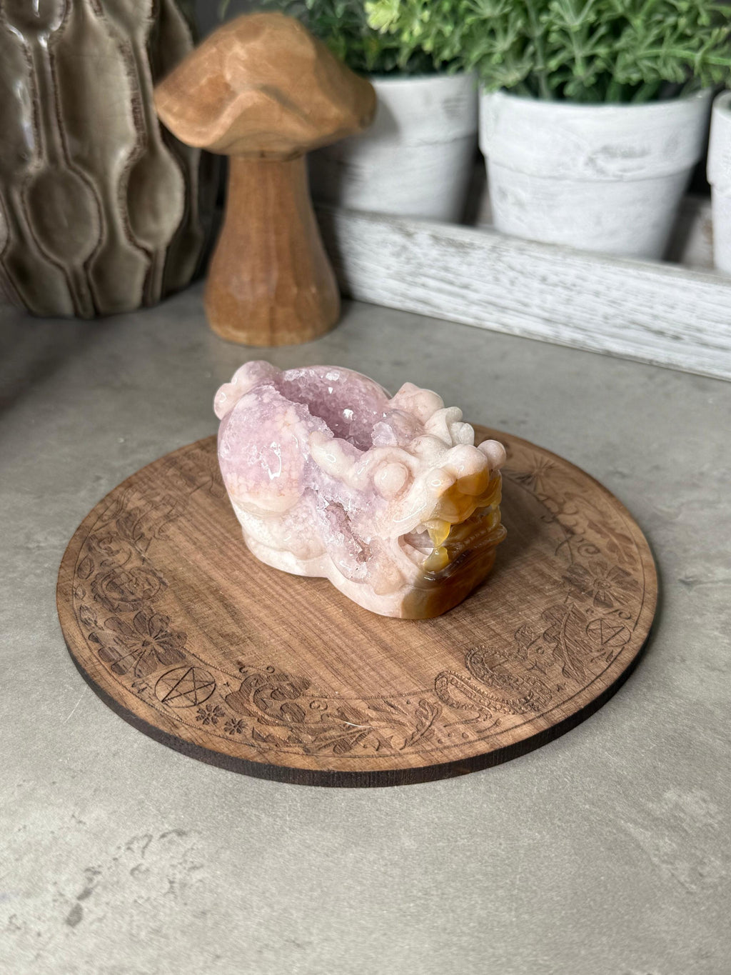 Pink Amethyst Druzy Handcarved Pixiu Crystal Carving Extremely Detailed