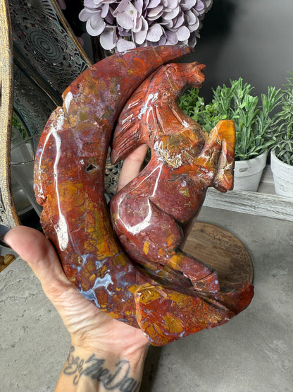 Ocean Jasper Rearing Horse & Moon Carving