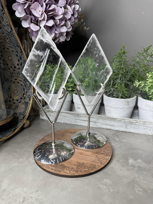 Selenite Rhombus Diamond Crystal Carving on Silver Stand