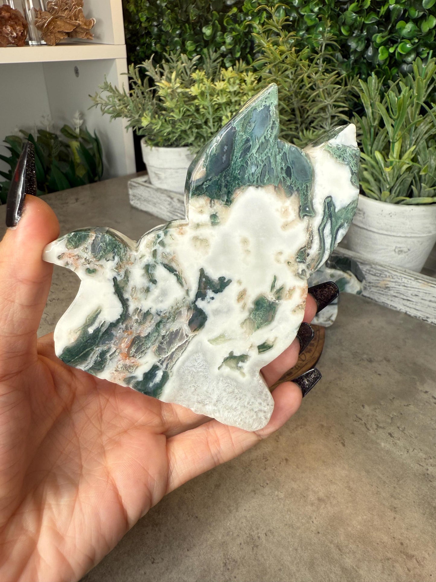 Moss Agate Cat Silhouette Crystal Carvings - 4 inches tall