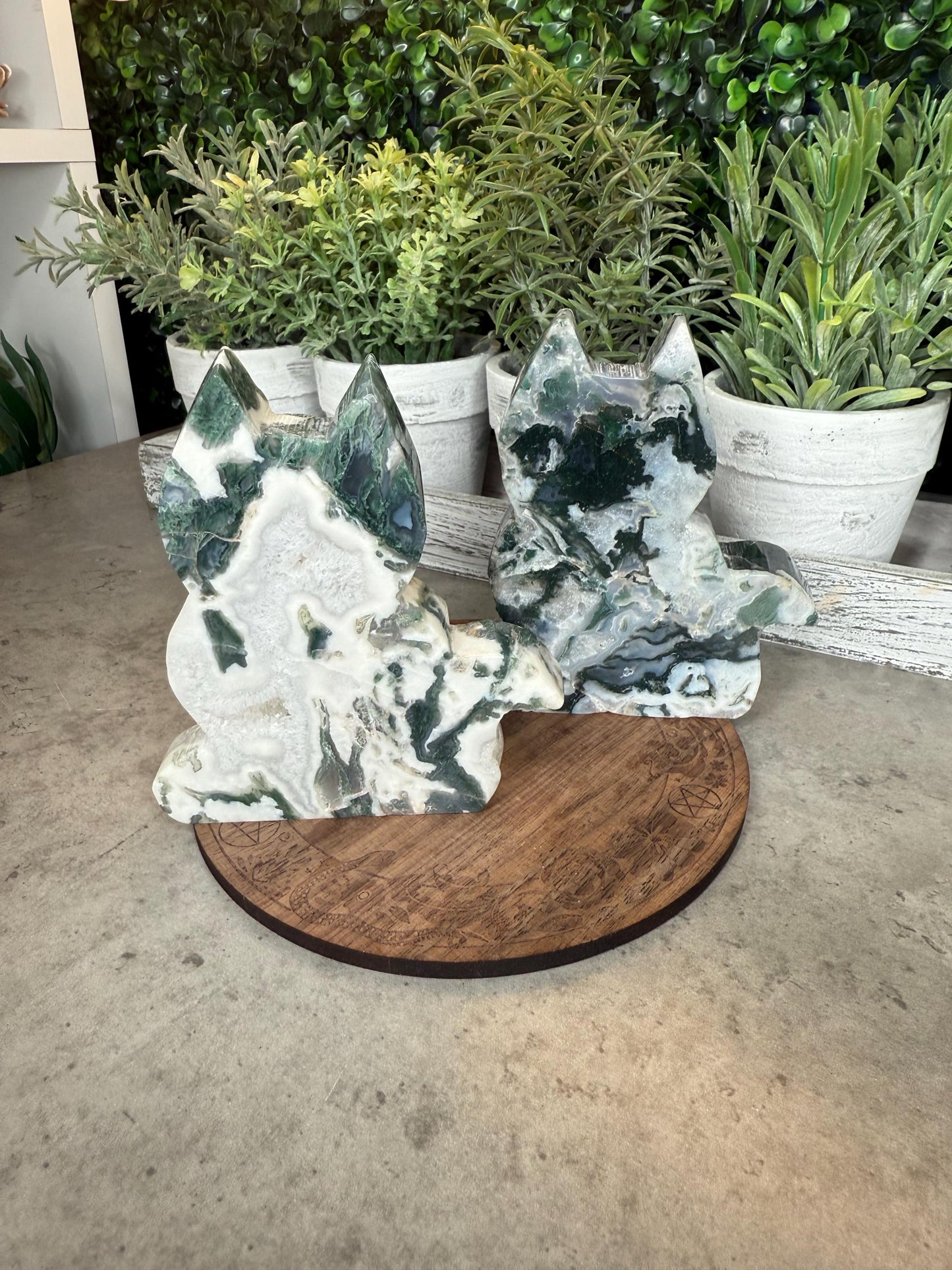 Moss Agate Cat Silhouette Crystal Carvings - 4 inches tall