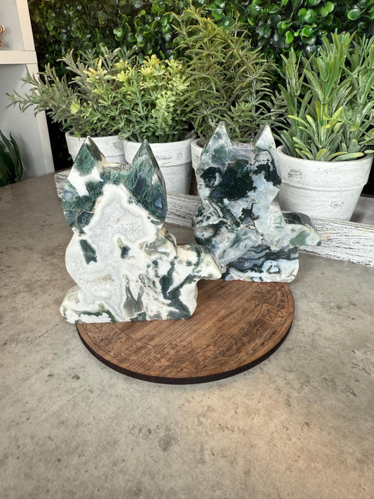 Moss Agate Cat Silhouette Crystal Carvings - 4 inches tall