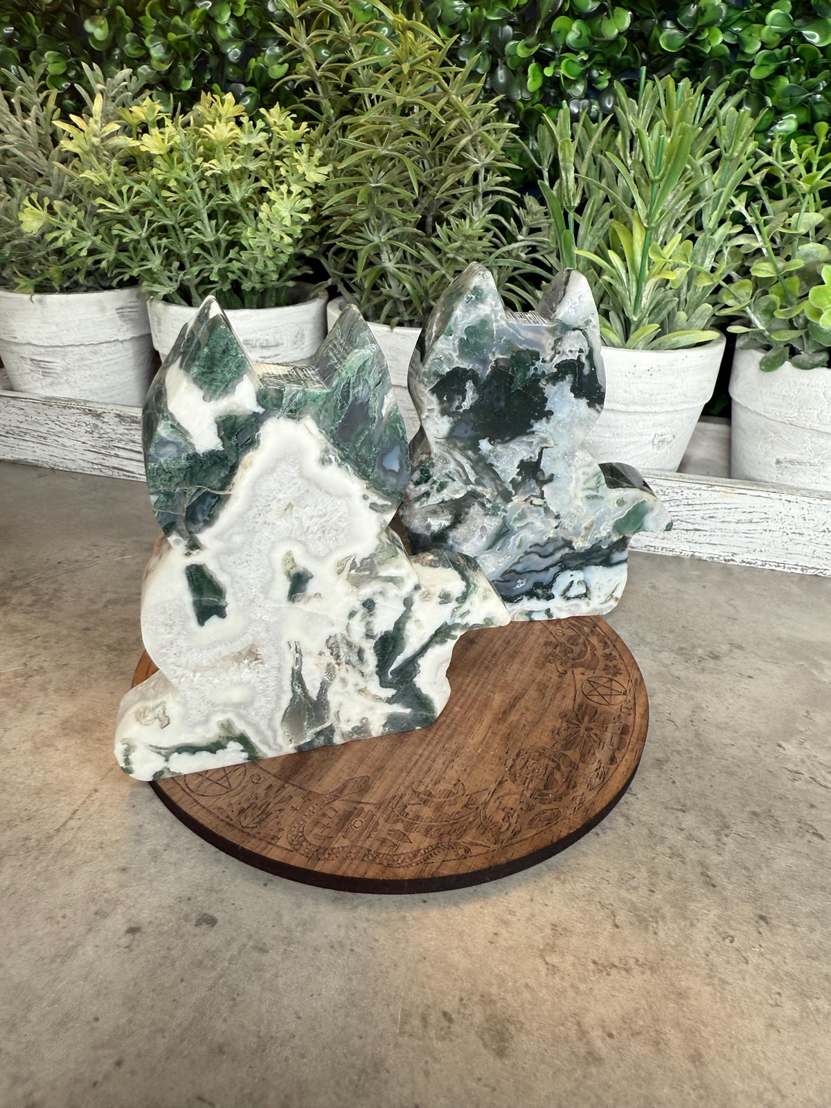 Moss Agate Cat Silhouette Crystal Carvings - 4 inches tall