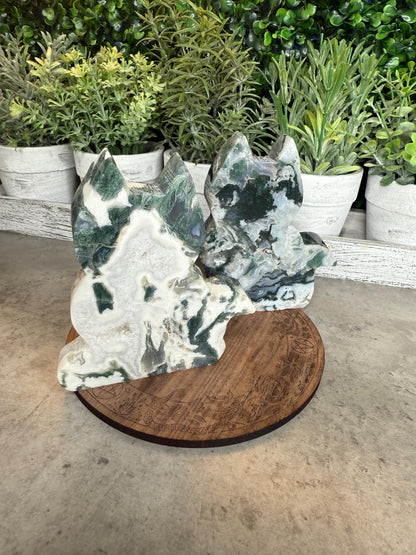 Moss Agate Cat Silhouette Crystal Carvings - 4 inches tall