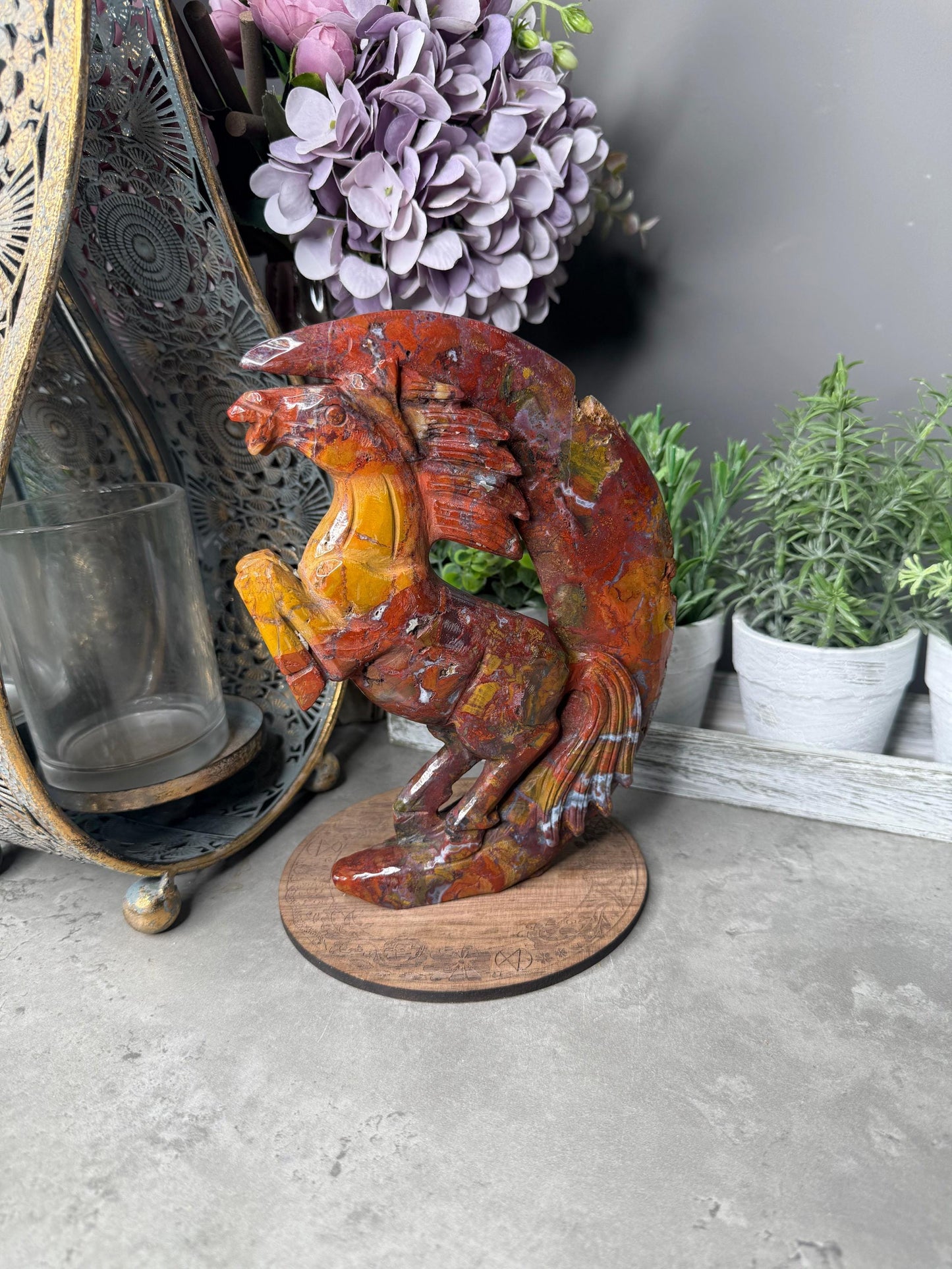 Ocean Jasper Rearing Horse & Moon Carving