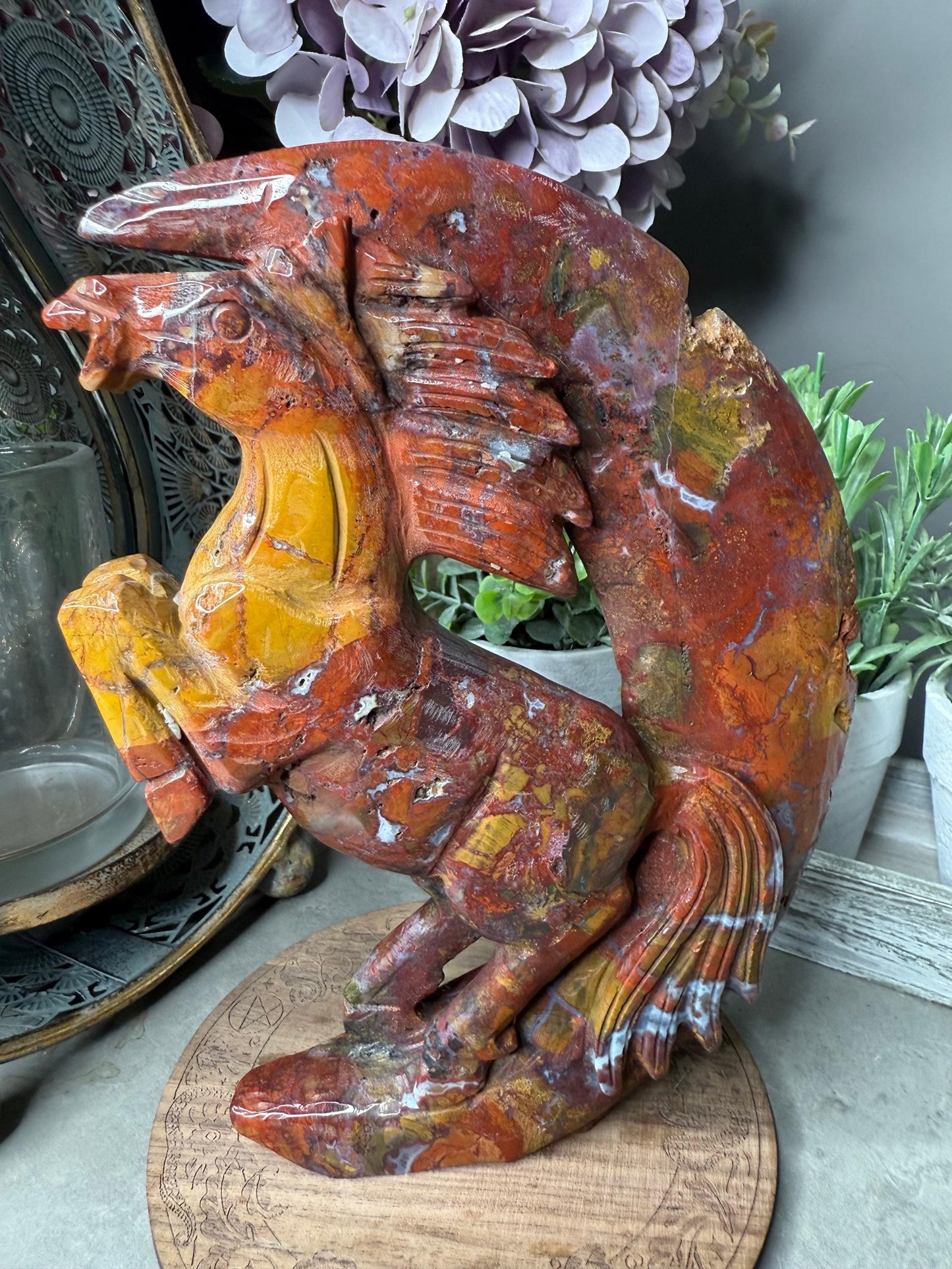 Ocean Jasper Rearing Horse & Moon Carving