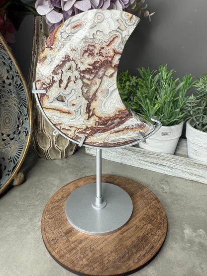 Druzy Mexican Lace Agate Crystal Moon Carving and Stand