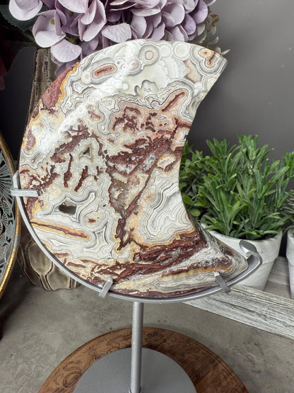 Druzy Mexican Lace Agate Crystal Moon Carving and Stand