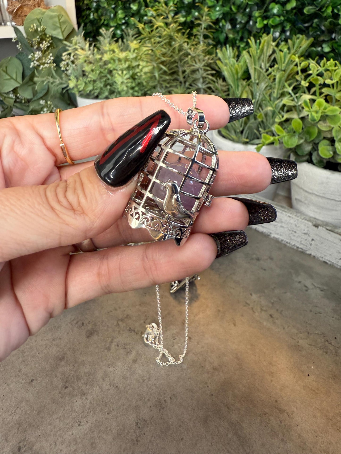 Kunzite Sphere Cage Pendant with Feather Charms