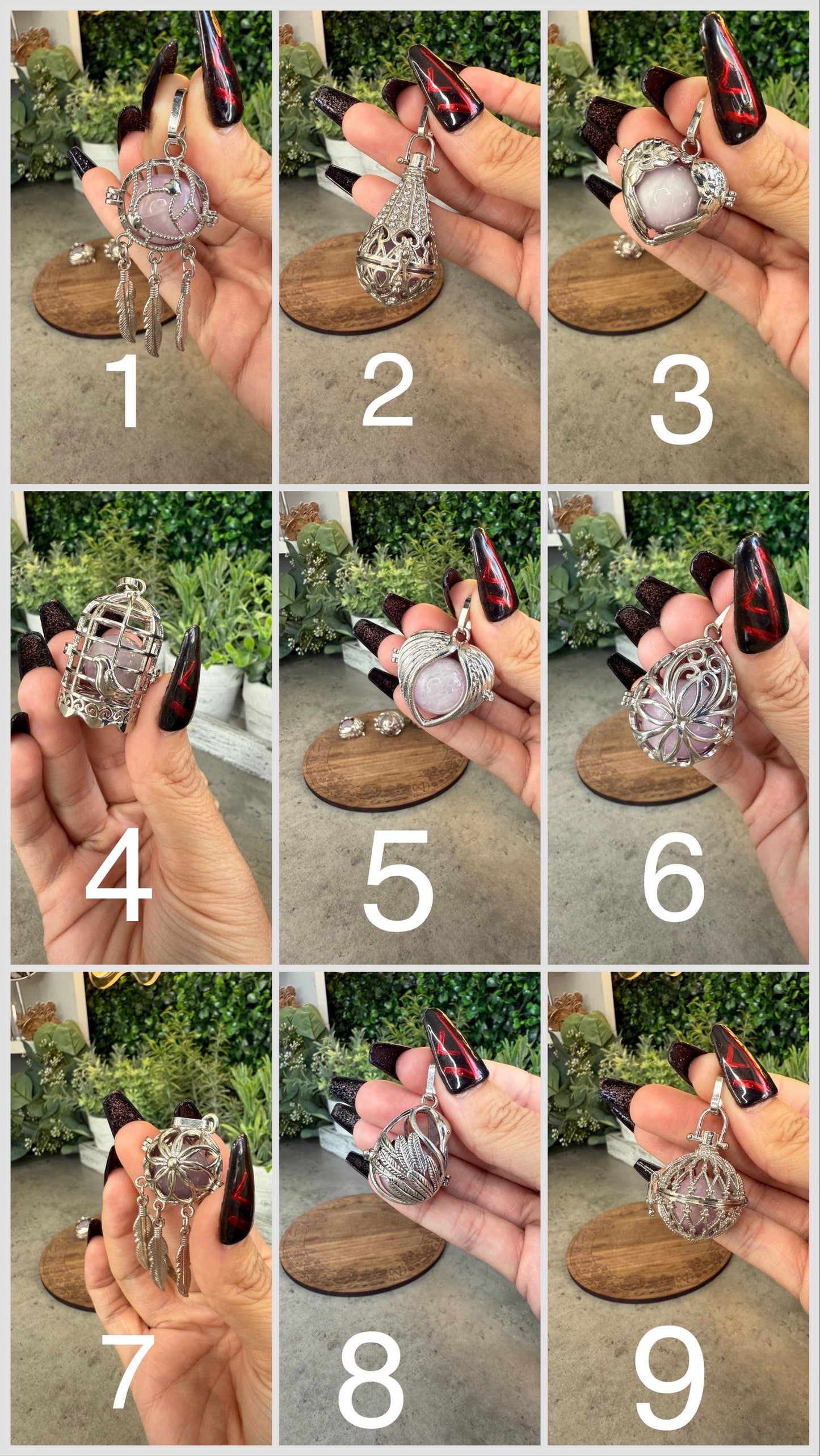 Kunzite Sphere Cage Pendant with Feather Charms