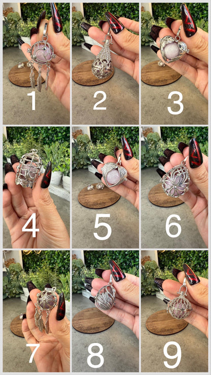 Kunzite Sphere Cage Pendant with Feather Charms