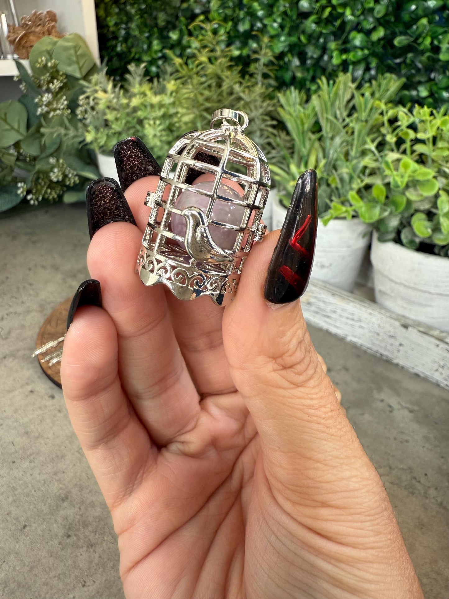 Kunzite Sphere Cage Pendant with Feather Charms
