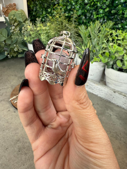Kunzite Sphere Cage Pendant with Feather Charms