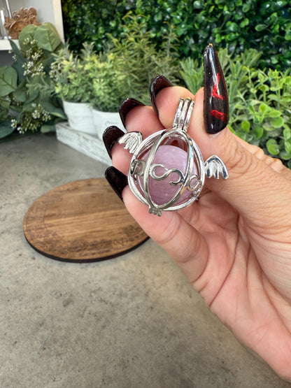 Kunzite Sphere Cage Pendant with Feather Charms