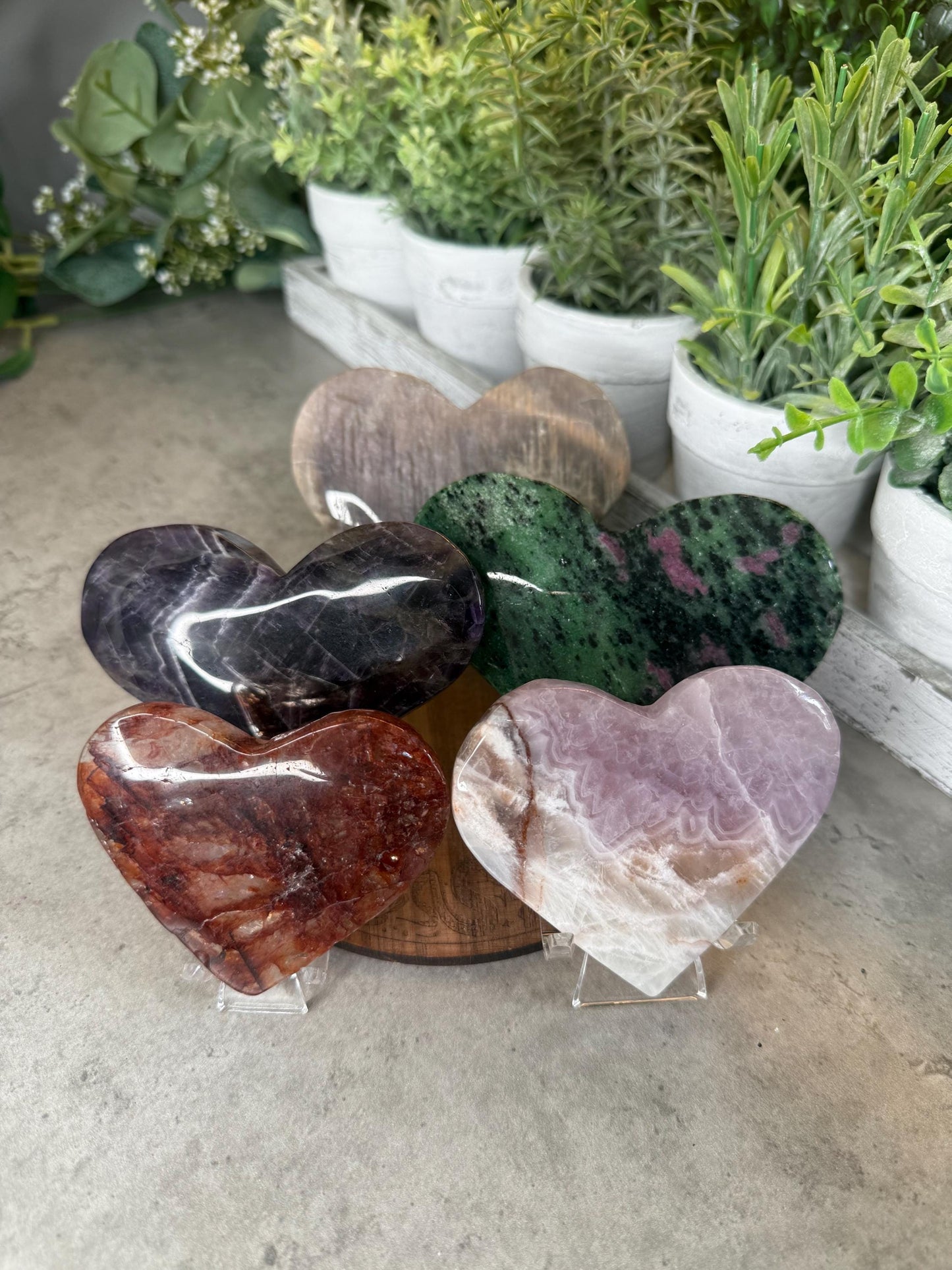 Crystal Heart Carvings in Moonstone, Amethyst, Ruby Zoisite, Amethyst Agate, and Fire Quartz