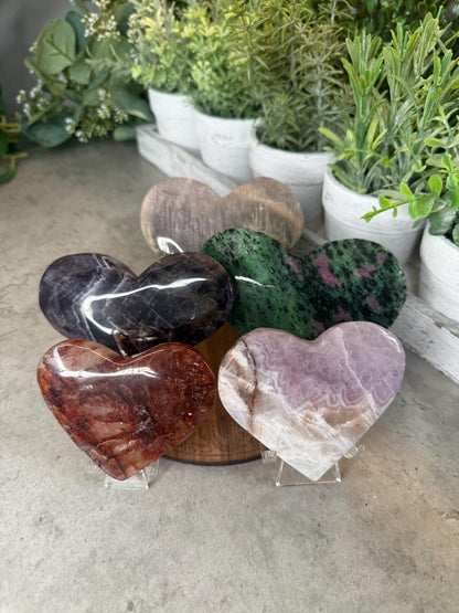Crystal Heart Carvings in Moonstone, Amethyst, Ruby Zoisite, Amethyst Agate, and Fire Quartz