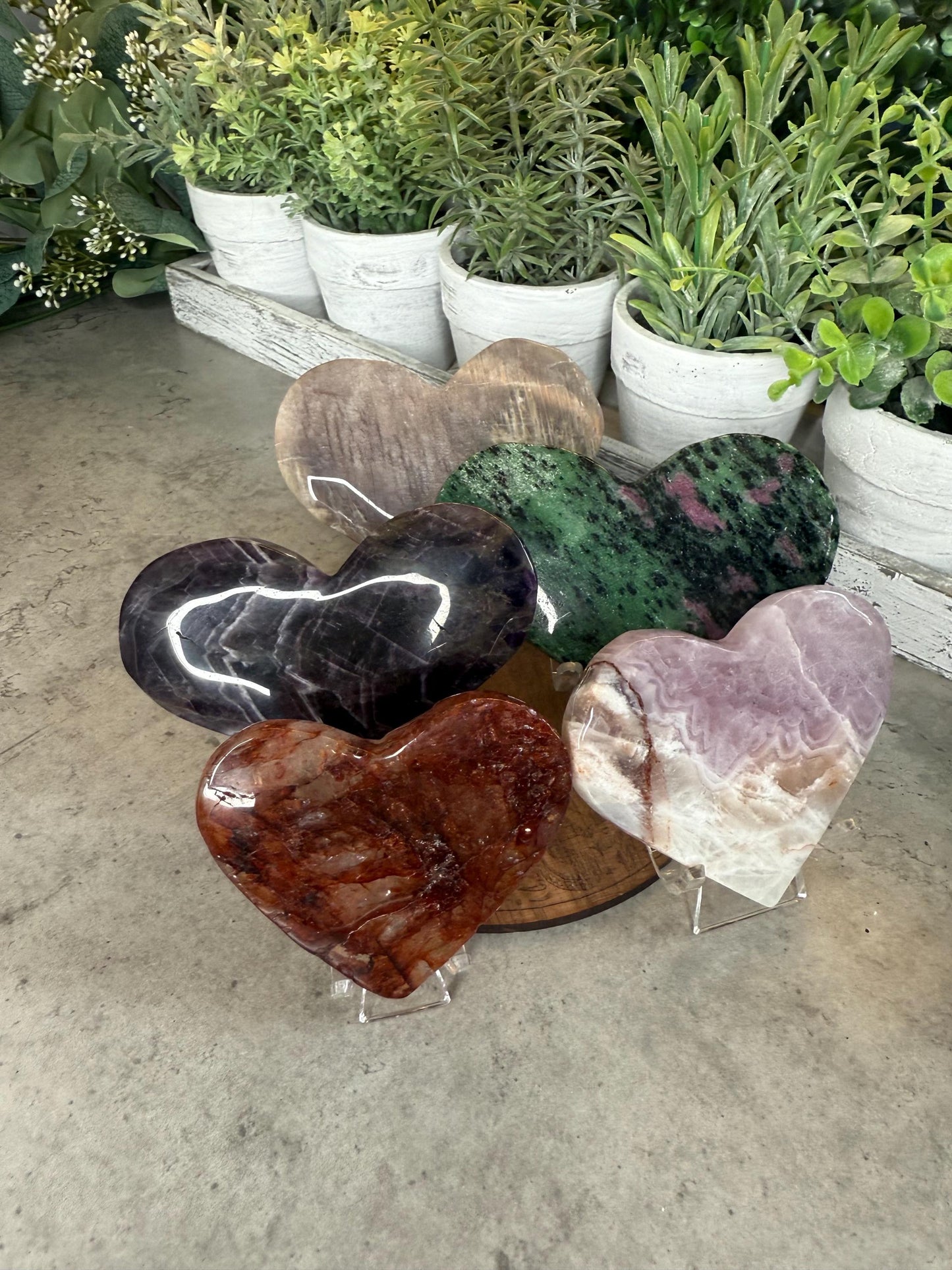 Crystal Heart Carvings in Moonstone, Amethyst, Ruby Zoisite, Amethyst Agate, and Fire Quartz