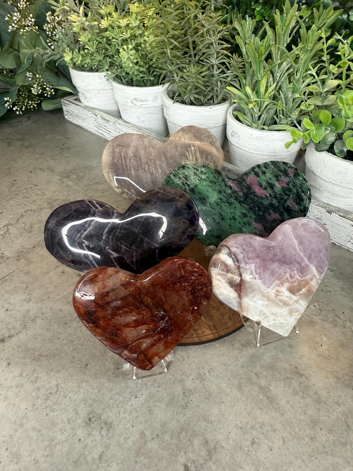 Crystal Heart Carvings in Moonstone, Amethyst, Ruby Zoisite, Amethyst Agate, and Fire Quartz
