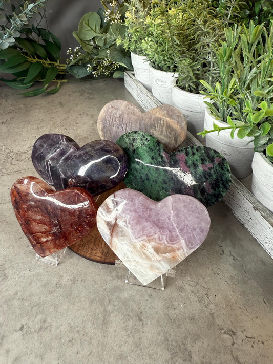 Crystal Heart Carvings in Moonstone, Amethyst, Ruby Zoisite, Amethyst Agate, and Fire Quartz