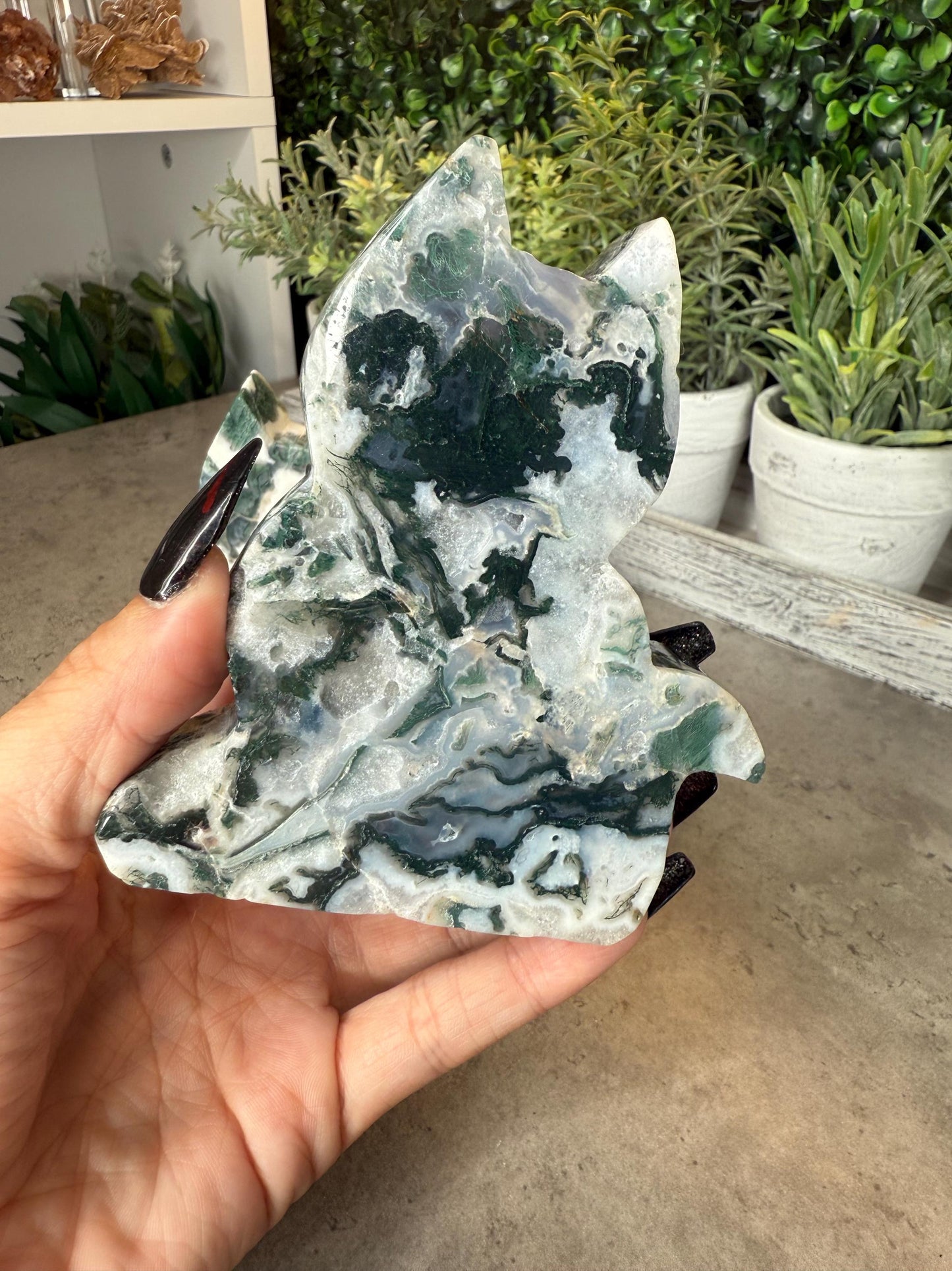 Moss Agate Cat Silhouette Crystal Carvings - 4 inches tall