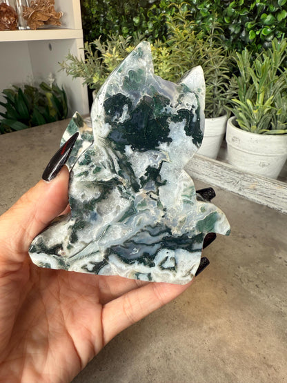 Moss Agate Cat Silhouette Crystal Carvings - 4 inches tall