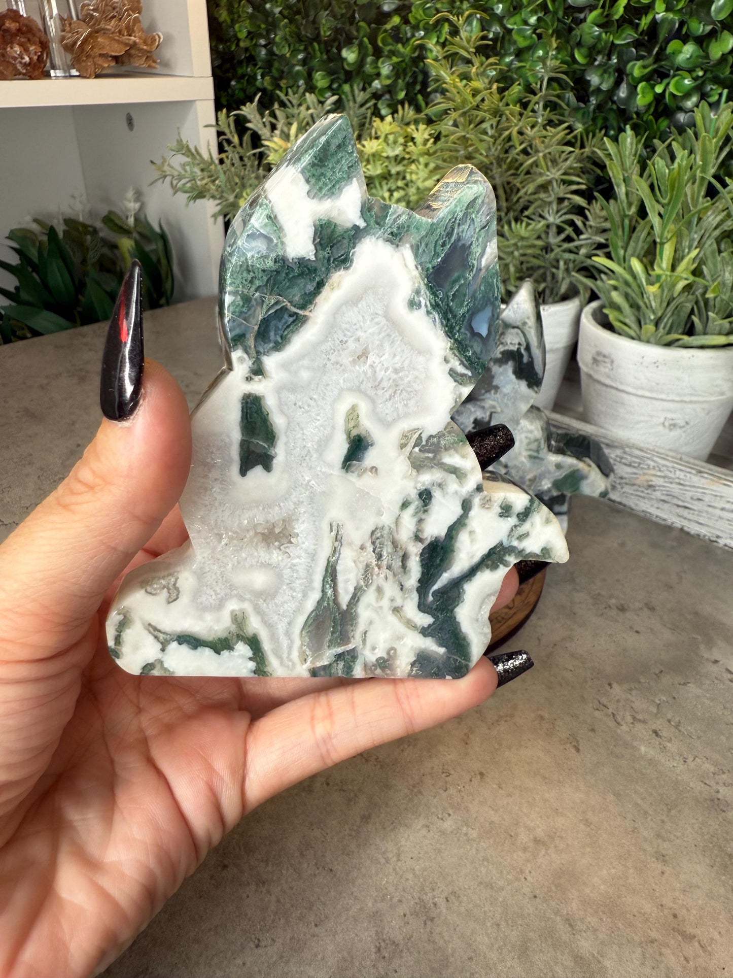 Moss Agate Cat Silhouette Crystal Carvings - 4 inches tall