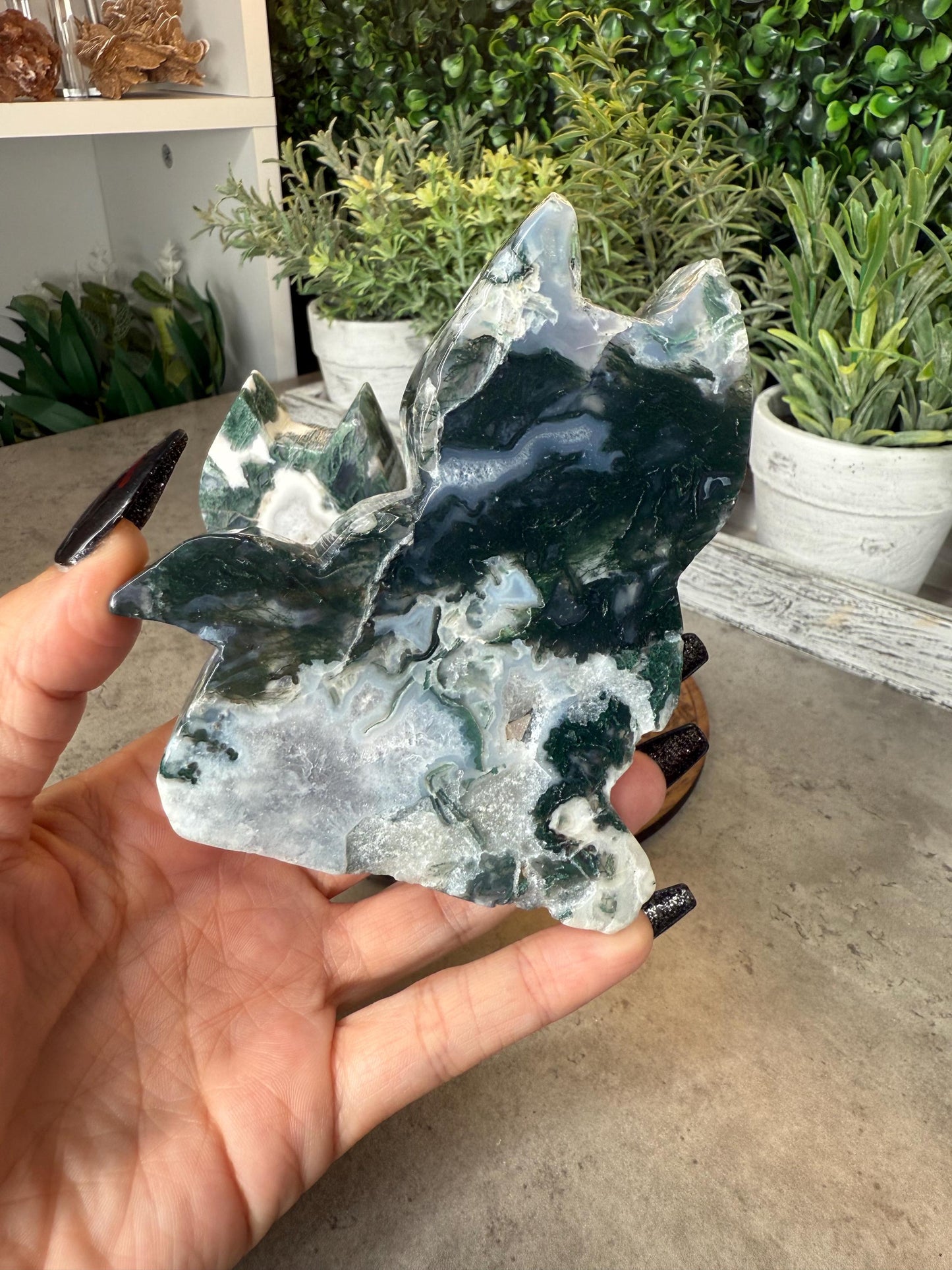 Moss Agate Cat Silhouette Crystal Carvings - 4 inches tall