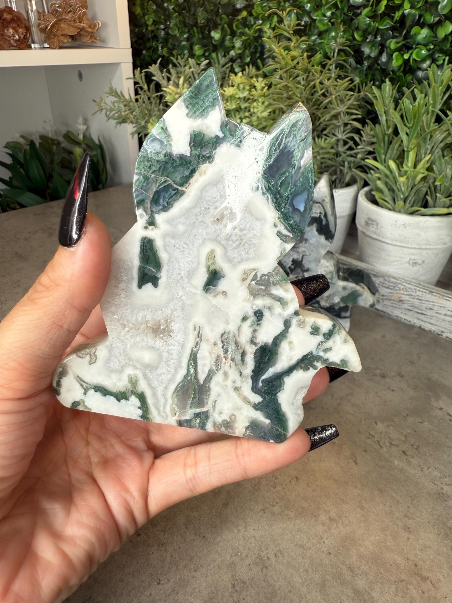 Moss Agate Cat Silhouette Crystal Carvings - 4 inches tall