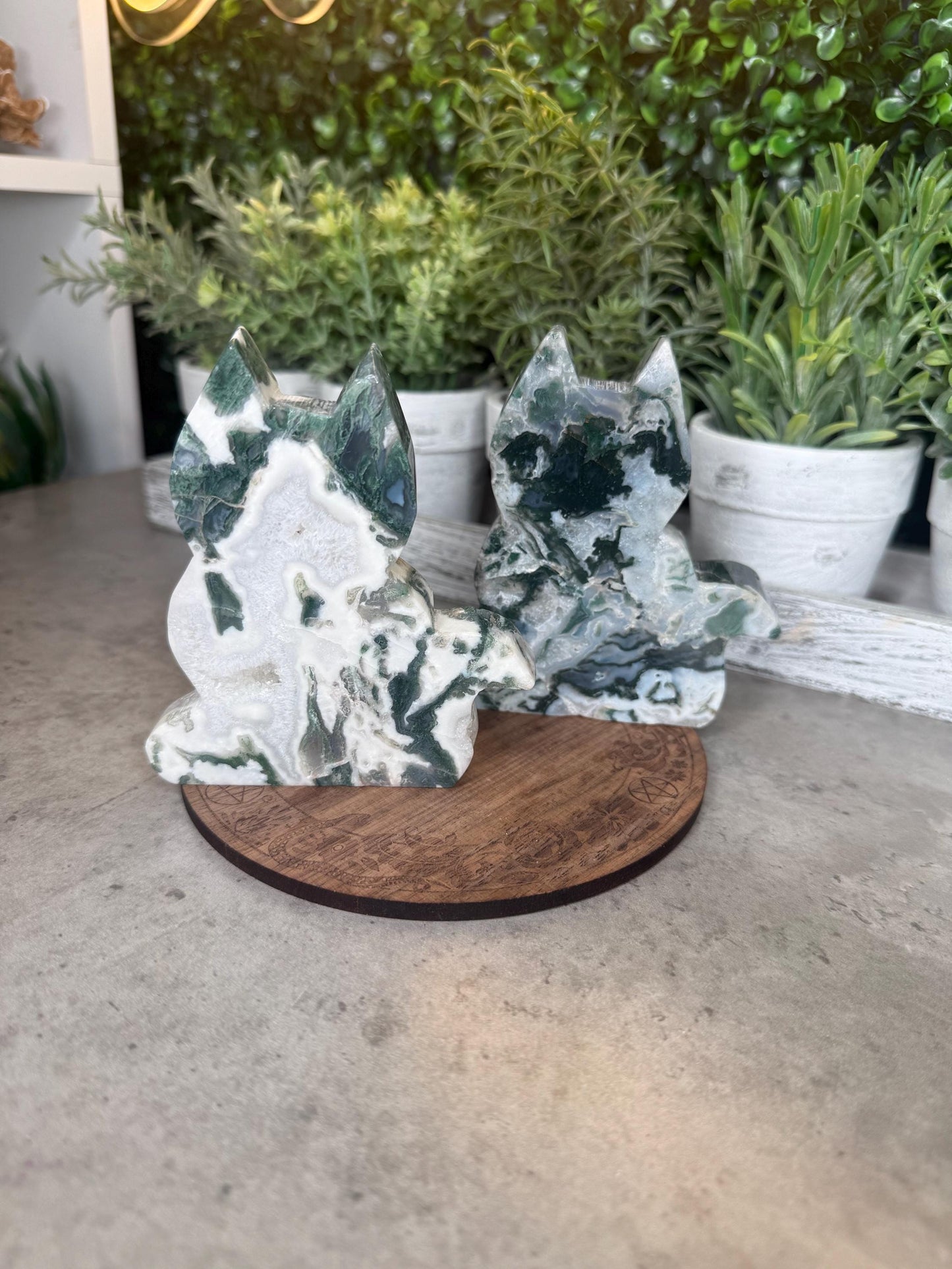 Moss Agate Cat Silhouette Crystal Carvings - 4 inches tall