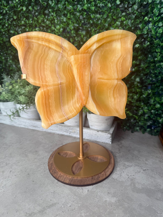 Calcite Butterfly Crystal Carving: Honey Orange Gemstone with Golden Stand