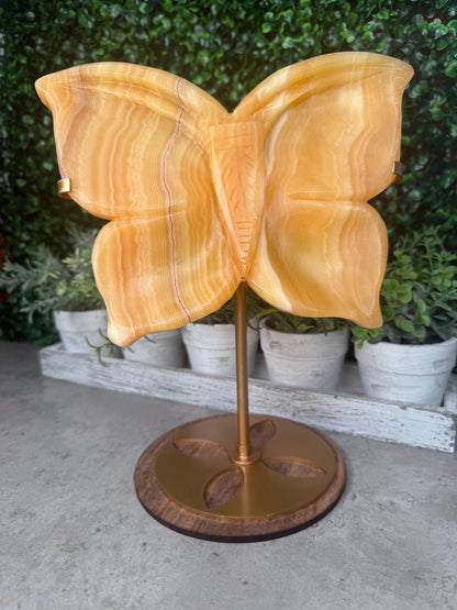Calcite Butterfly Crystal Carving: Honey Orange Gemstone with Golden Stand