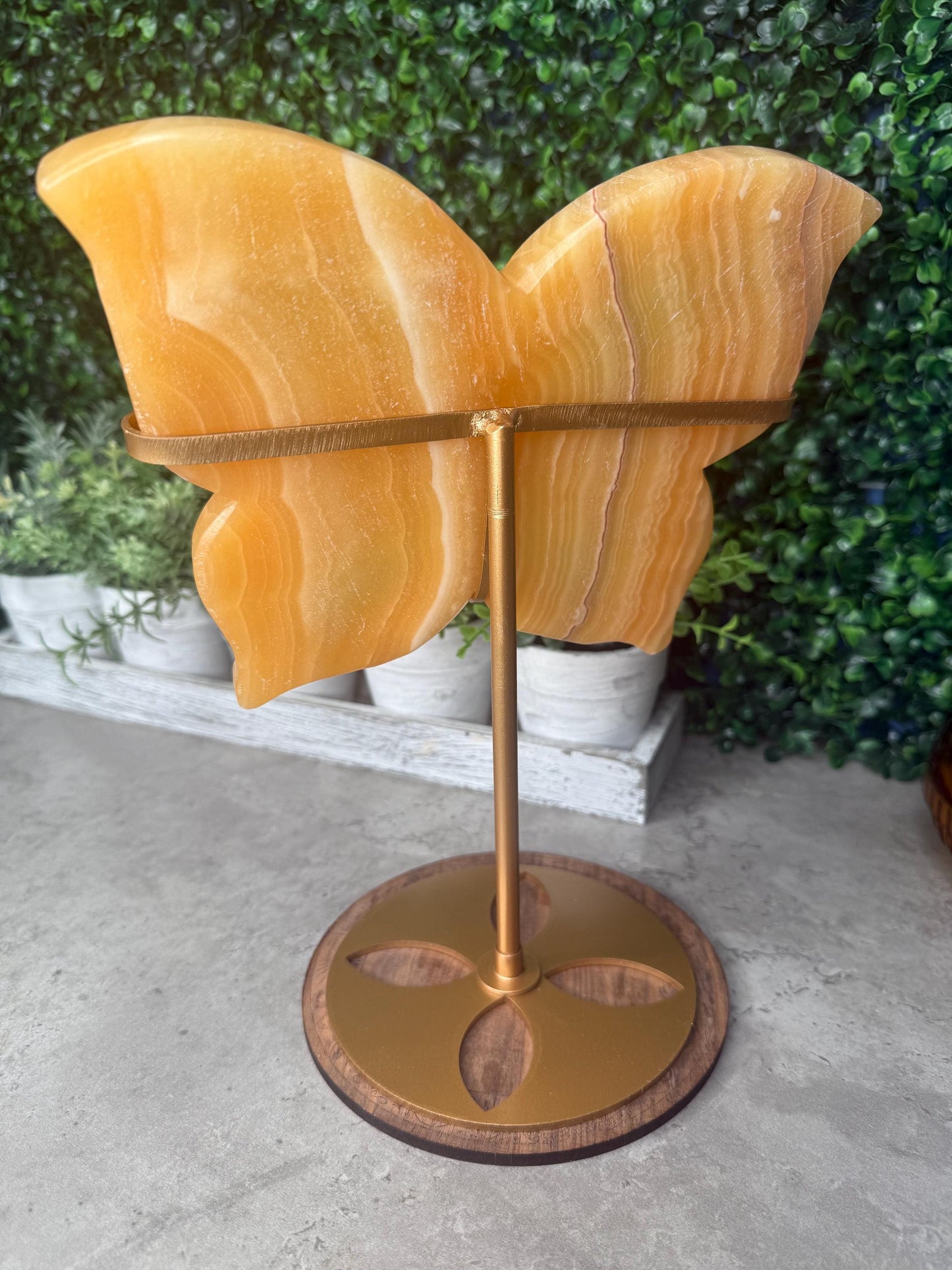 Calcite Butterfly Crystal Carving: Honey Orange Gemstone with Golden Stand