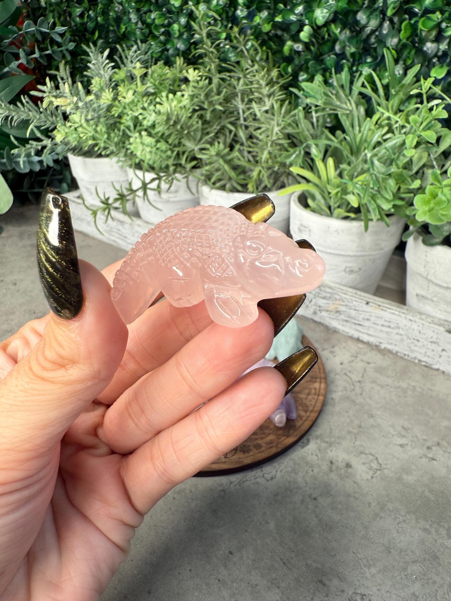 Crystal Crocodile Carving: Rose Quartz, Tiger's Eye, Agate