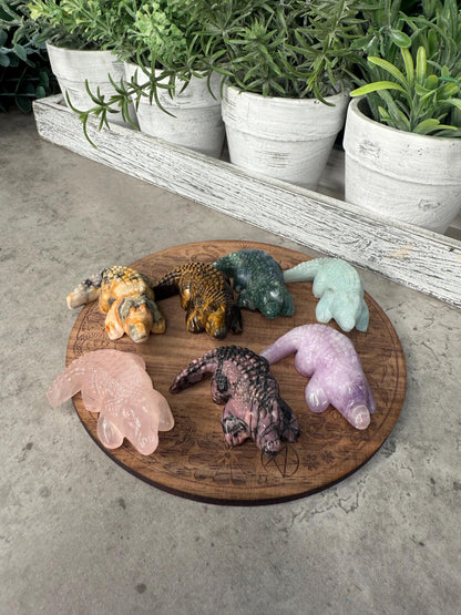 Crystal Crocodile Carving: Rose Quartz, Tiger's Eye, Agate