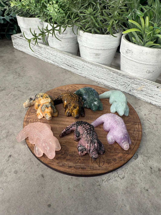 Crystal Crocodile Carving: Rose Quartz, Tiger's Eye, Agate