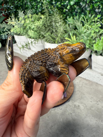 Crystal Crocodile Carving: Rose Quartz, Tiger's Eye, Agate