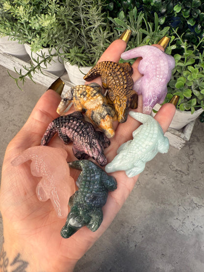 Crystal Crocodile Carving: Rose Quartz, Tiger's Eye, Agate