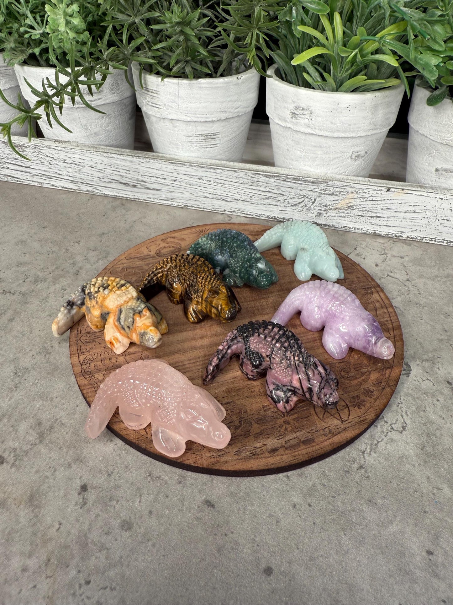 Crystal Crocodile Carving: Rose Quartz, Tiger's Eye, Agate
