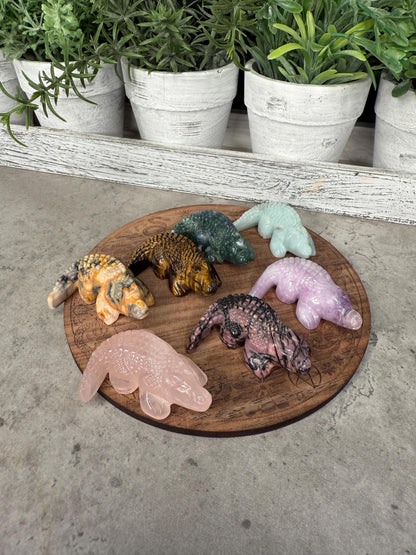 Crystal Crocodile Carving: Rose Quartz, Tiger's Eye, Agate