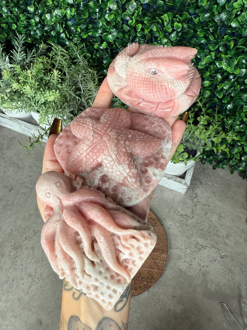 Hand Carved Pink Opal Crystal: Octopus, Starfish, Snake
