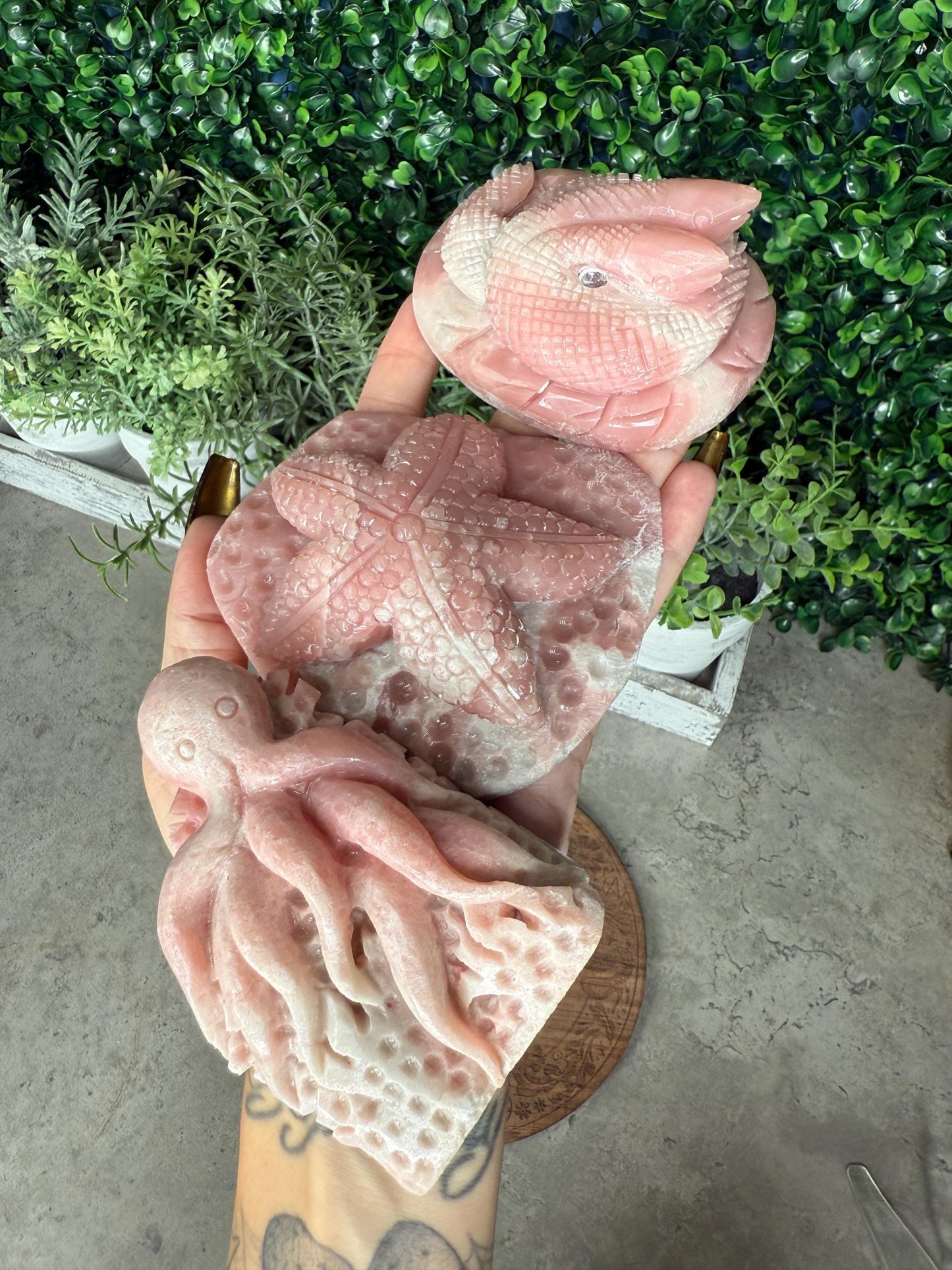 Hand Carved Pink Opal Crystal: Octopus, Starfish, Snake