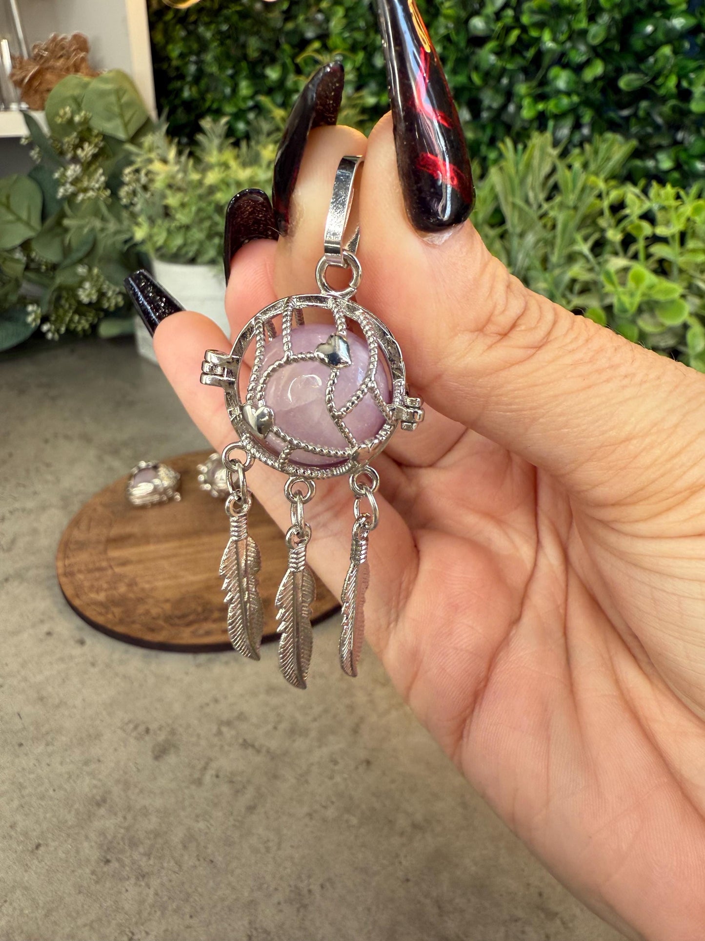 Kunzite Sphere Cage Pendant with Feather Charms