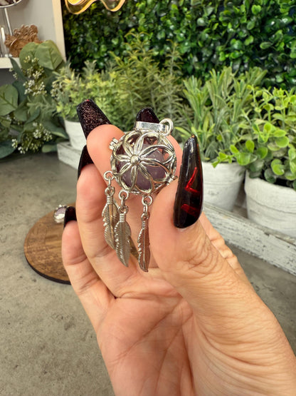 Kunzite Sphere Cage Pendant with Feather Charms