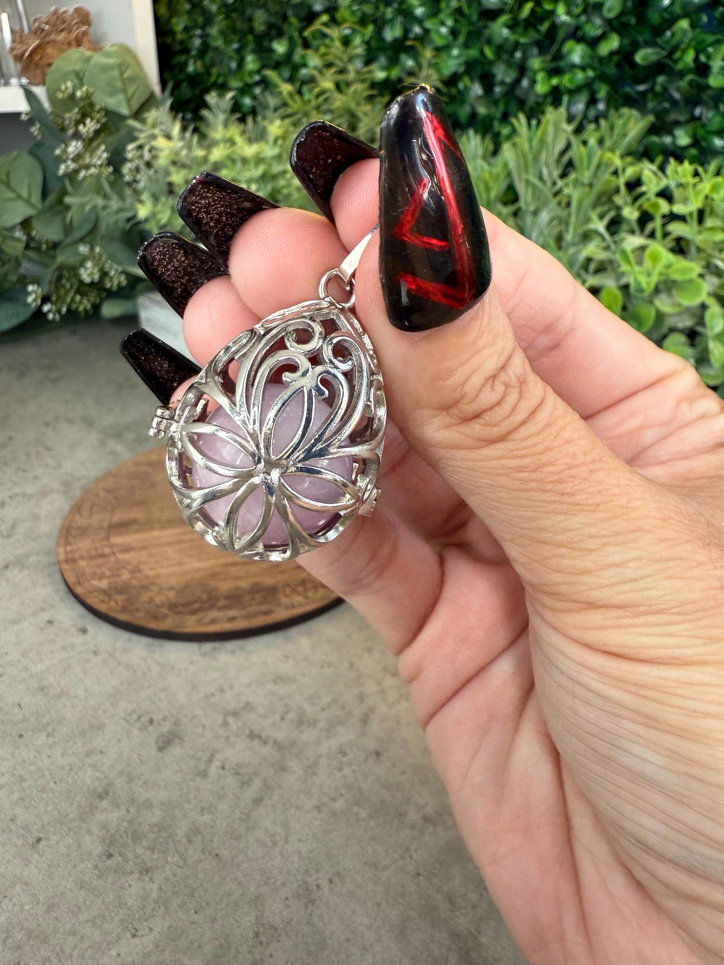Kunzite Sphere Cage Pendant with Feather Charms