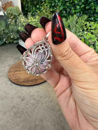 Kunzite Sphere Cage Pendant with Feather Charms